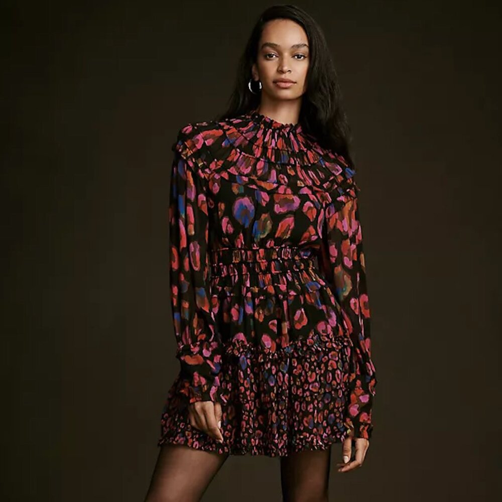 FARM Rio Medium Black Iridescent Leopard Print Mini Dress Long Sleeves NWT